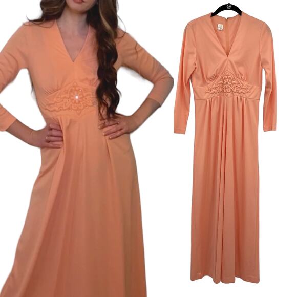 Vintage 60s 70s Maxi Dress Peach Empire Waist Renaissance Womens Size Small - Picture 2 of 12